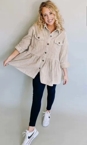 NEW Tan Corduroy Babydoll Peplum Skirt Button Front Jacket thumbnail 2