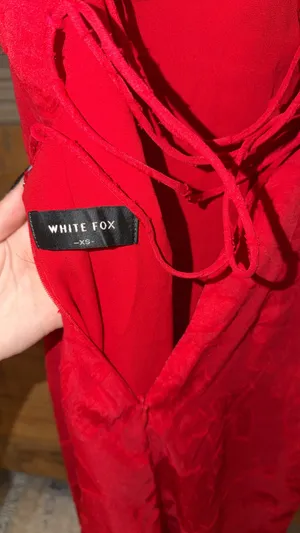 WHITE FOX XS Red Satin Jacquard Spaghetti Strap Maxi Dress Lace-Up Ruched thumbnail 3
