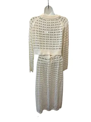 Boutique Crochet Knit Crop Top LS & Midi Pencil Skirt Ivory Open Weave Set Small thumbnail 5