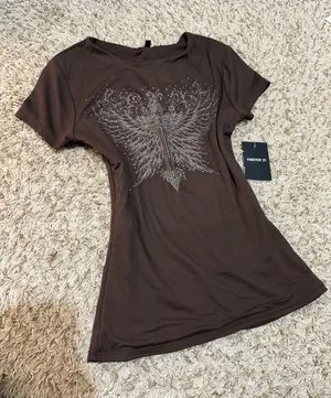 Y2K Brown Angel Wing Graphic Baby Tee 🪽🤎 thumbnail 1