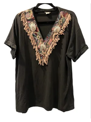 Vintage Joan & Co Southwestern Tapestry Fringe Studded T-Shirt Size 1X Rodeo thumbnail 1