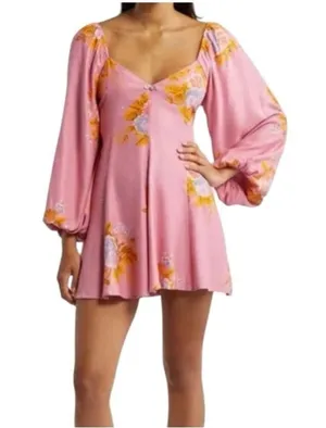 FREE PEOPLE Francesca Mini Babydoll Coqette Dress Floral Pink Puff Long sleeve L thumbnail 1