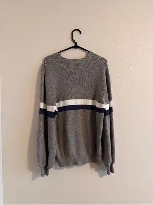 Edikted Gray Crewneck Sweater with White and Navy Stripes thumbnail 3