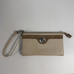 Coach Wristlet Wallet Turnlock Snakeskin Trim‎ Leather Beige ID Pockets NO FOB thumbnail 2