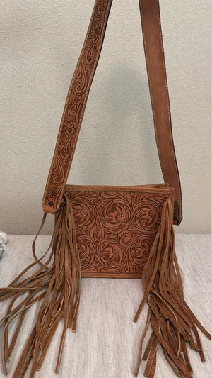 American Darling Genuine Tooled Leather Crossbody Fringe Purse thumbnail 1