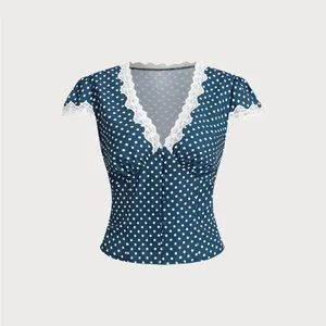 Rihoas Blue Polka Dot Lace Trim Blouse thumbnail 6
