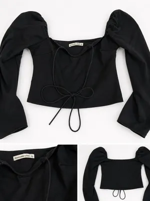 Abercrombie & Fitch Black Puff Sleeve Tie Front Top | Romantic Going Out Blouse thumbnail 2