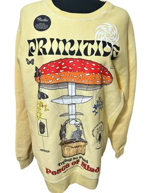 Primitive Skateboarding‎ Elevator Washed Crewneck Yellow Mushroom Skeleton L Size L thumbnail 1