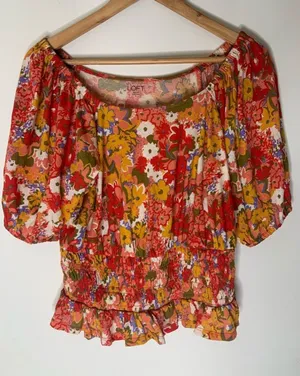 LOFT Red Multi Floral Cotton Puff Sleeve Smocked Waist Blouse S Spring thumbnail 1