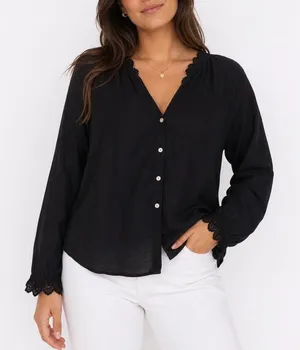 Old Navy Womens Black Eyelet Lace Trim Button Front Cotton Blouse Top Large thumbnail 1