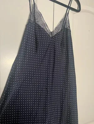 Victoria’s Secret Navy Polka Dot Satin Nightgown Slip With Lace Sz L thumbnail 1