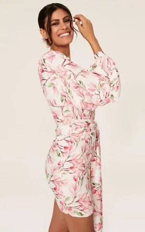 BRONX AND BANCO Layla Floral Pink White One Shoulder Silk Bow Mini Dress Size S thumbnail 3