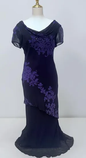 VTG Y2K Maxi Dress 8 Black Purple Beaded Floral Cowl Neck Whimsigoth Vampy‎ Goth thumbnail 1