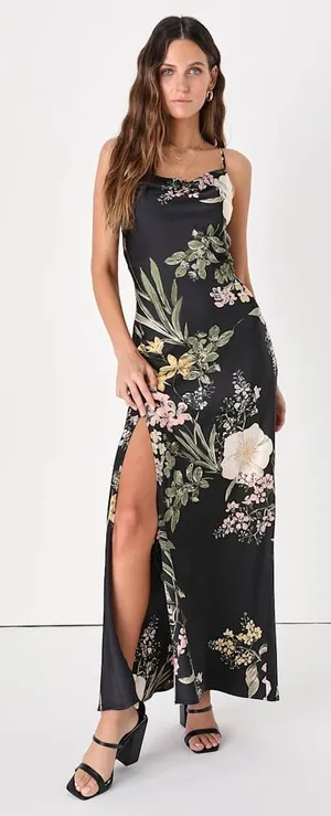NWT Lulus All About the Drama Black Floral Satin Cowl Neck Maxi Dress Cruise S thumbnail 1