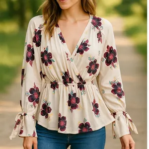 Free People Tuscan Dreams Floral Wrap Blouse BohoPeplum Tie Sleeve Top Cream‎ XS thumbnail 1