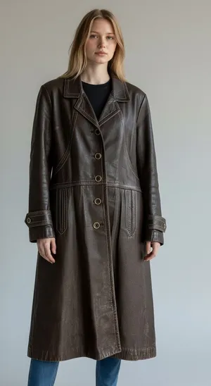 Leda Spain 12 vintage brown leather trench coat jacket long 70's retro thumbnail 1