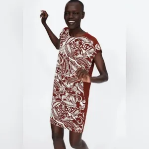 ZARA Paisley Textured Print Mini Shift Dress Burnt‎ Brick & White Size Small thumbnail 5
