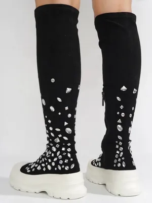Cape Robbin Black Knee-High Platform Boots with White Soles and Silver Studs thumbnail 2