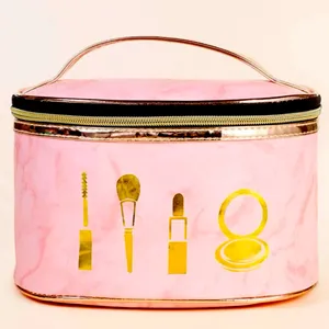 Pastel Pink with Gold Tone Trimmed Portable Travel Makeup Case thumbnail 1