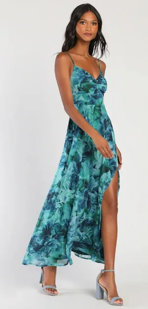 NWT Lulus Beautiful Soul Teal Green Floral Print Twist-Front Maxi Dress Size XXL thumbnail 1