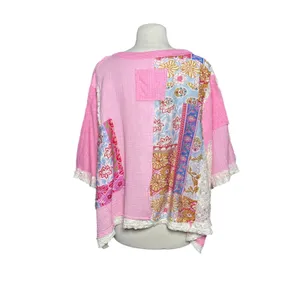 NWOT POL Boho Candy Pink Gauze and Mixed Floral Patchwork Poncho thumbnail 4