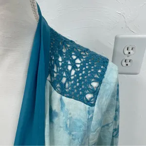 LOGO By Lori Goldstein Blue Tie Dye Crochet Kimono Open Front Cardigan M Sweater thumbnail 10