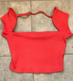 Cap Sleeve Red Ribbed Crop Top with Flutter Straps thumbnail 1