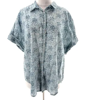 Cassandra Harper block print button down shirt‎ sz m Blue Size M thumbnail 1