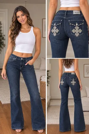 NWT Womens 12 Dark Wash Stretch Bootcut Jeans Y2K Bling Rhinestone Cross Pockets thumbnail 2