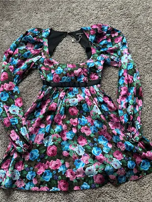 For Love & Lemons Long-Sleeve Floral Mini Dress - Pink, Blue & Green Roses thumbnail 2