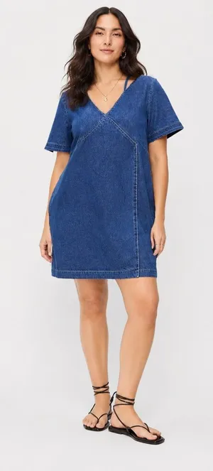 ASOS Denim Mini Dress Womens US 12 Blue V Neck Short Sleeve NWT WHITE Label thumbnail 1