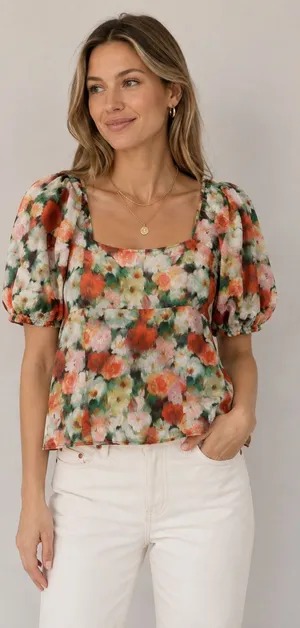 J.Crew Womens 2 Liberty Floral Cotton Top Square Neck‎ Puff Sleeve Blouse thumbnail 1