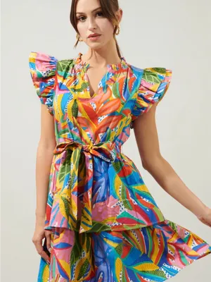 NWT Sugarlips Colorful Leaf Print Tiered Mini Dress Medium thumbnail 1