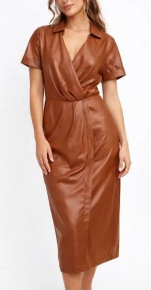 NWT Nine West faux leather wrap dress maple brown M *flaw* thumbnail 1