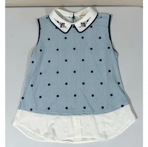 Faith and Joy Blue White Striped Polka Dot Dots Collared Sleeveless Layered Tank Top Shirt Blouse Size S 🩵✨ thumbnail 4