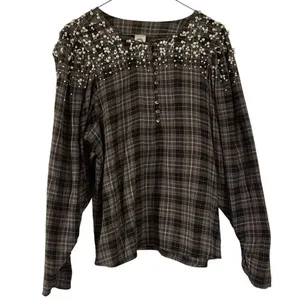 Anthropologie Akemi + Kin plaid flannel embellished pearl top M thumbnail 12