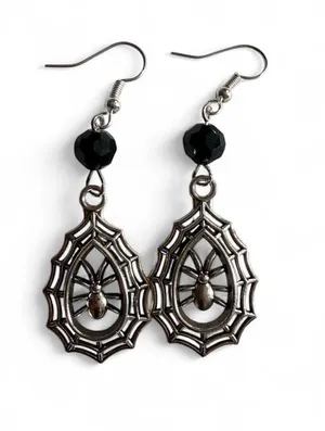 Handmade Silver Spiderweb Spider Black Bead Earrings thumbnail 1