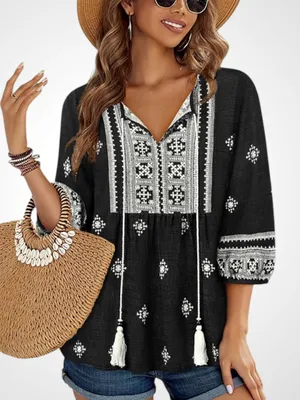 Vivilli Black Boho Tunic Top with Tassel Tie Large thumbnail 1