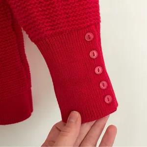 ANN TAYLOR LOFT Textured Button Cuff Sweater Bright Red 100% Cotton Crew Neck M thumbnail 8