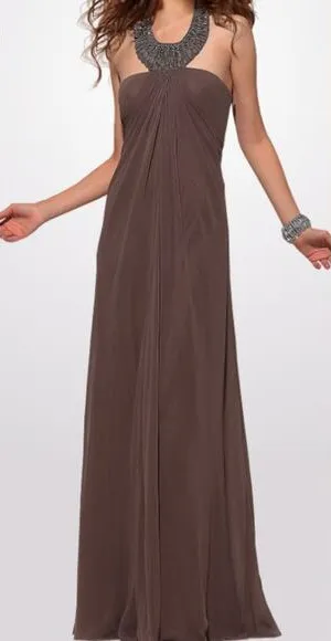 NWT LM Collection Brown / Taupe Beaded Halter Neck Empire Waist Formal Dress - 4 thumbnail 1