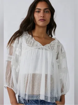 Free People Boho Floral Lace True Candy Top Size XS White Mesh Sheer Festival thumbnail 1