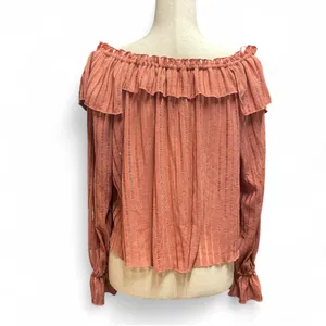 By Anthropologie Long-Sleeve Sheer‎ Striped Crop Blouse Rose Pink Off Shoulder thumbnail 5