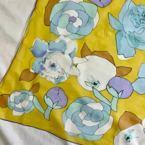 vintage yellow blue white floral scarf square poly chiffon thumbnail 3