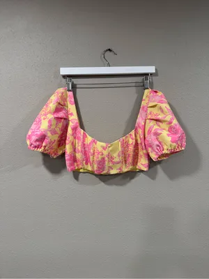 White Fox Yellow & Pink Floral Puff Sleeve Crop Top thumbnail 6