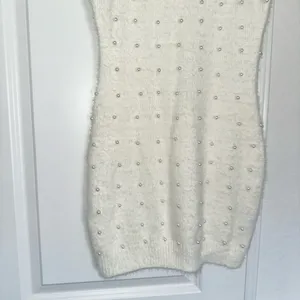 Pink Lily Small Ivory White Embellished Pearl Sweater Holiday Winter Mini Dress thumbnail 5