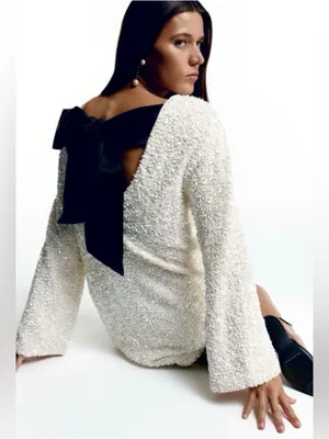 H&M White Sequin Back Black Bow Viral Mini Whimsical Dress Sz XS Holidays New Years thumbnail 2