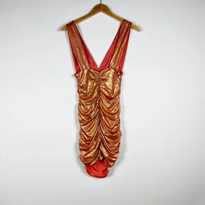 Superdown Kerrie Deep V Neck Metallic Holographic Orange Sparkle Ruched Dress XS thumbnail 4