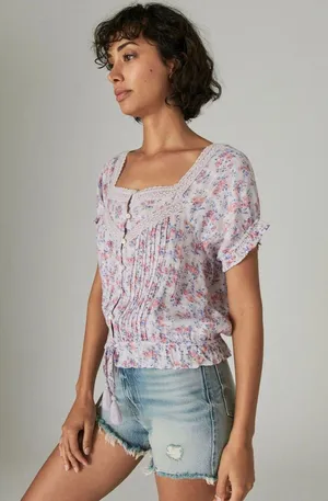 Lucky Brand 7W46342 Lilac Multi Floral Short Sleeve Peasant Top $69.50 EUC M thumbnail 3