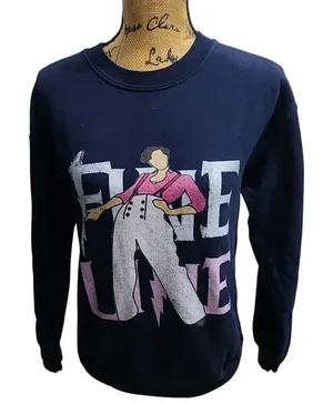 Gildan Fine‎ Line Graphic Crewneck Sweatshirt Navy Blue Pink Retro Art Small thumbnail 1
