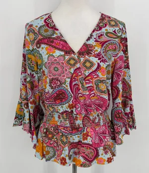 1.STATE Paisley Bell Sleeve Peplum Blouse Large Blue Pink Boho Festival‎ Hippie thumbnail 1